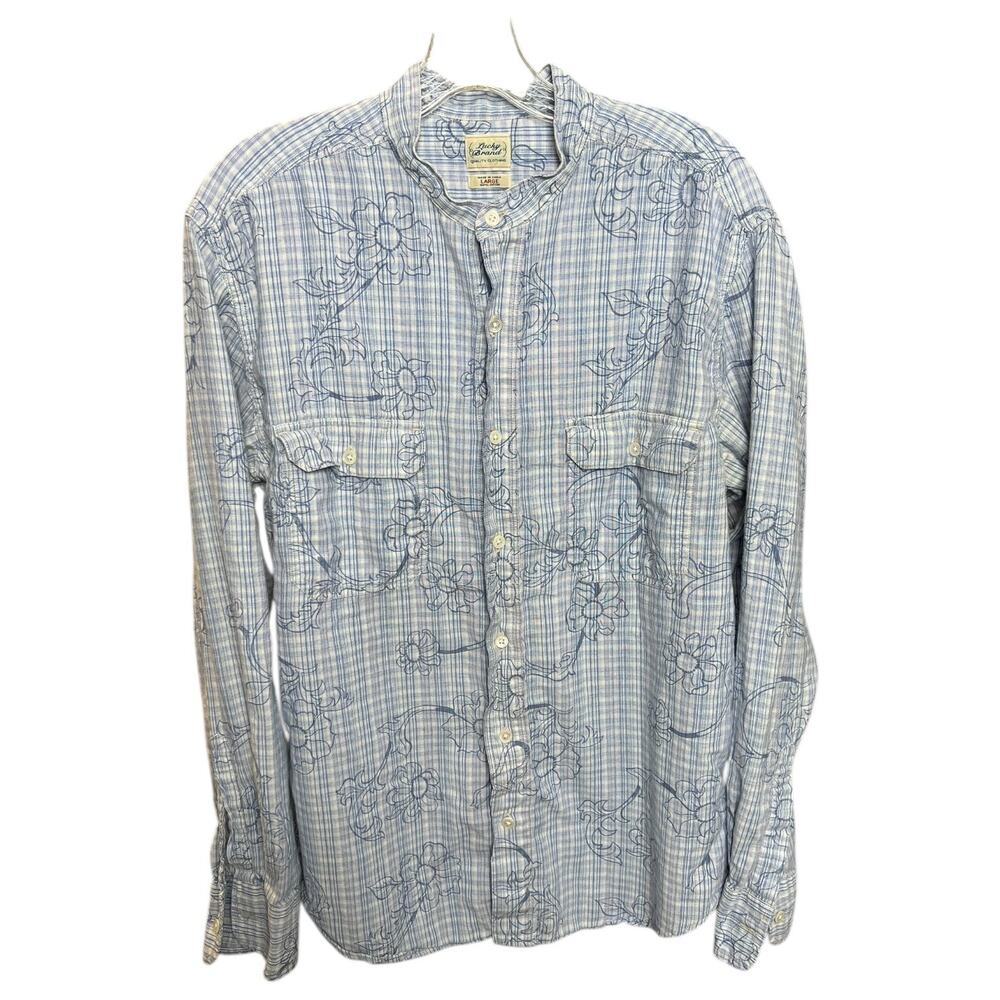 Lucky Brand Dungarees Blue Floral Plaid Band Collar Shirt Boho Western - L